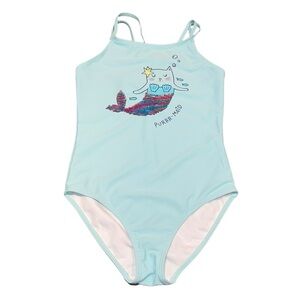 NWT Carter's Girls' One Piece Lt Blue Swimsuit Purr-Maid Flip Sequins Sz 14 EUC